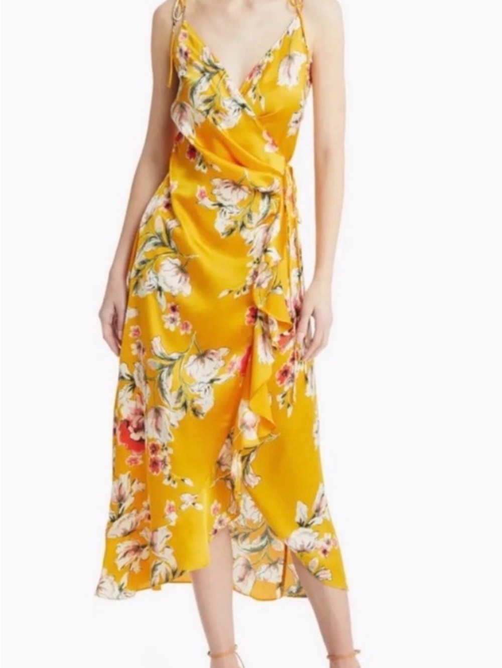Astr the Label Floral Satin Wrap Midi Dress in size M